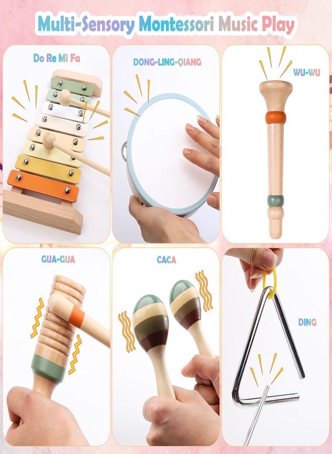 Liangding Baby Musical Instruments Set - Montessori Wooden Musical Toys for Kids Ages 1-3, Neutral Colors Modern Boho Percussion Set with Xylophone, Tambourine & Guiro, Preschool Educational Music Toys (12PCS) - Image 2